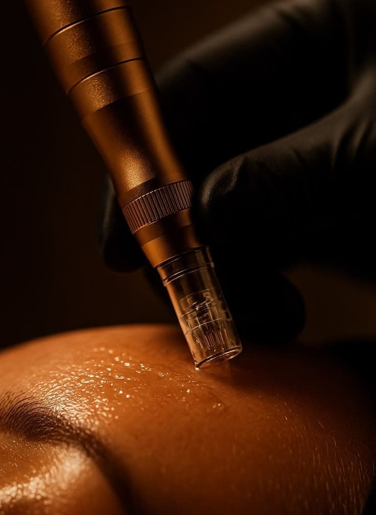 A practitioner using a microneedling device on a patient's skin.